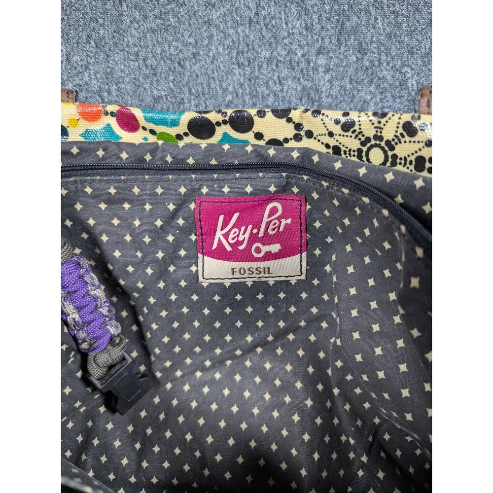Fossil Key-Per Coated Canvas Tote Bag Teal Kaleidoscope Geometric Dots